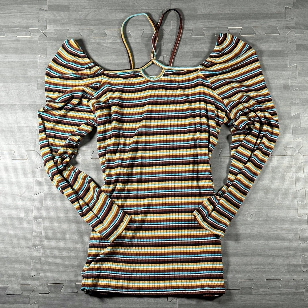 Large Striped Top Women Large Brown Blue Cold Shoulder Ribbed